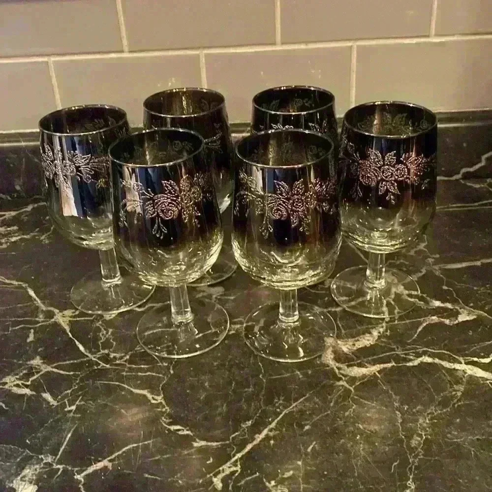 6 Vintage Silver Fade Wine Glasses Ombre WineGlasses, Leaf design made in France